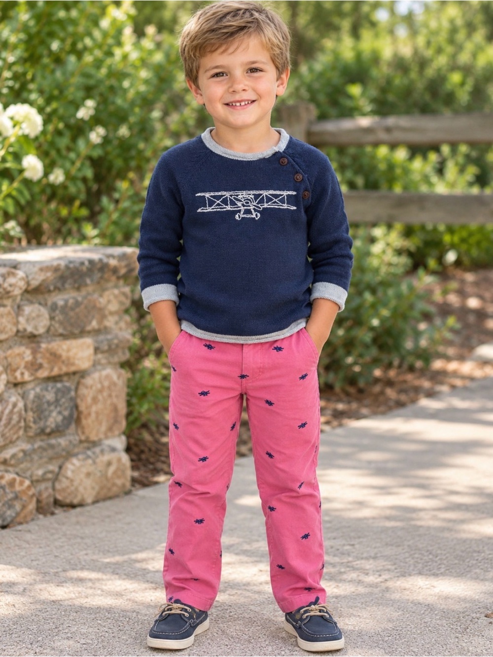 Janie and Jack 4 Biplane Airplane Knit Sweater Matching Set with Coral Pants